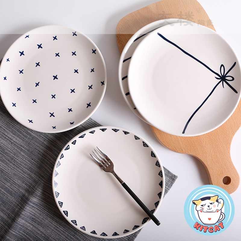 Đĩa sứ trắng hoạ tiết ngộ nghĩnh decor bàn ăn dày, phòng bếp dày dặn cao cấp SIZE LỚN 21CM - loại nông KITCAT STORE