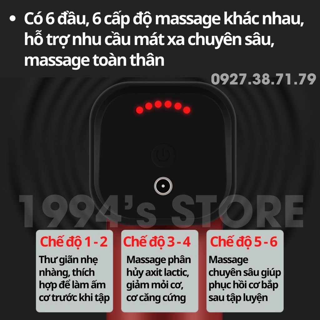 Máy massage cầm tay 6 đầu 6 cấp độ trị đau nhức toàn thân hiệu quả - Massage Gun cổ vai gáy kèm 6 đầu mát xa chuyên sâu