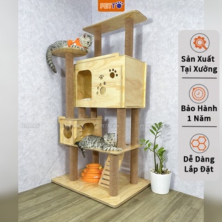 Nhà cho mèo PETTO nhà gỗ cho mèo 3 TẦNG cao cấp hình mèo dễ thương nhiều không gian cho mèo cào móng CH003