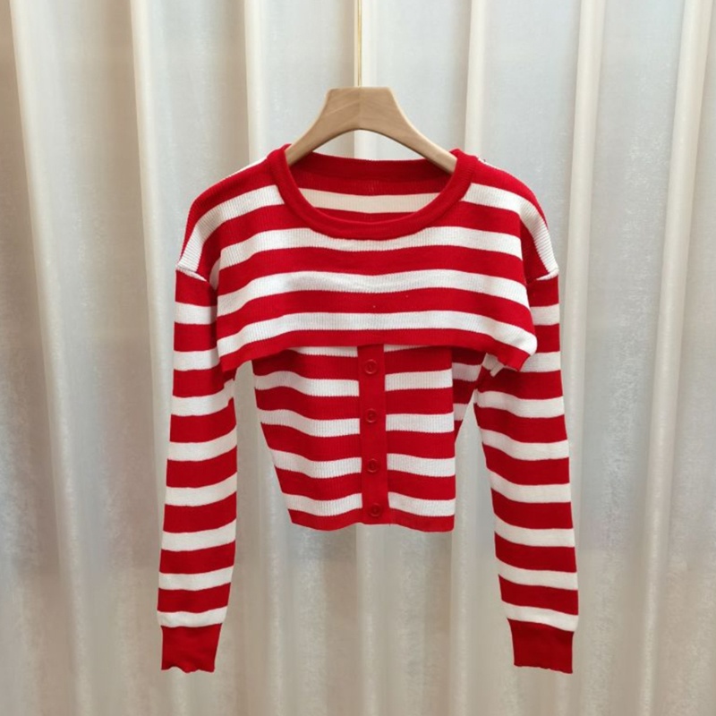 Set 2 Món Áo Sweater Dệt Kim Kẻ Sọc Phối Áo Hai Dây Đính Nút Thời Trang Cho Nữ