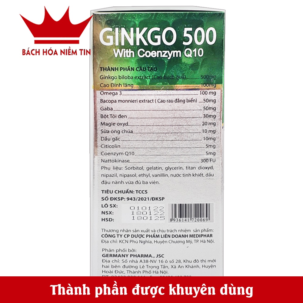Hoạt huyết dưỡng não Brain Ginkgo 500 - giảm đau đầu, hoa mắt, chóng mặt, mất ngủ, rối loạn tiền đình - Hộp 100 viên