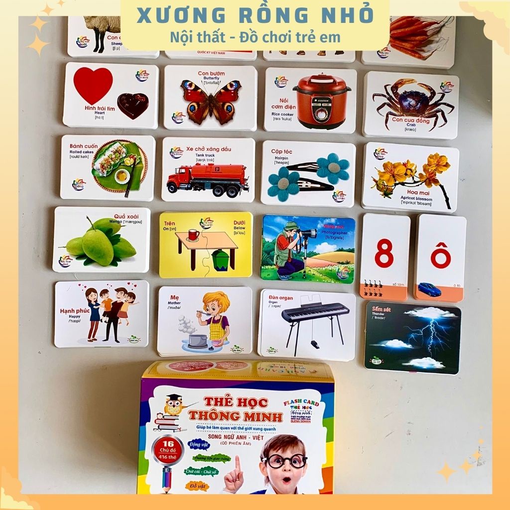 Bộ thẻ học thông minh 16 chủ đề 416 thẻ, thẻ flashcard song ngữ cho bé, thẻ hình con vật, chữ cái – Xương Rồng Nhỏ