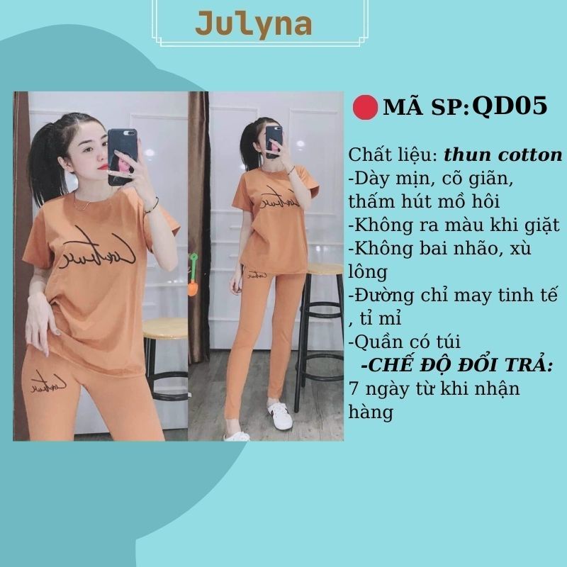 Đồ Bộ Nữ, Set Đồ Bộ Thun Mặc Nhà Coton 4 Chiều Đẹp Thêu CHỮ KÝ DÀI JULYNA QD05