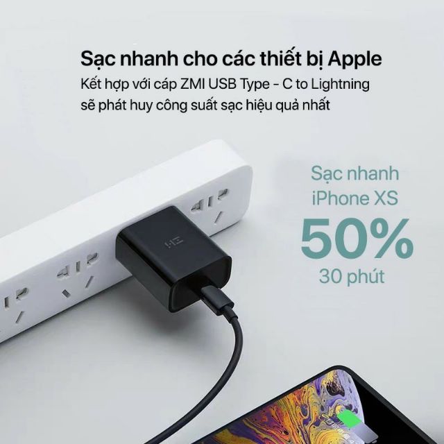 Củ sạc nhanh PD ZMI 18W HA711 cho Apple, iPhone 8/XS/XS MAX/XR chuẩn MFi, cổng USB Type - C