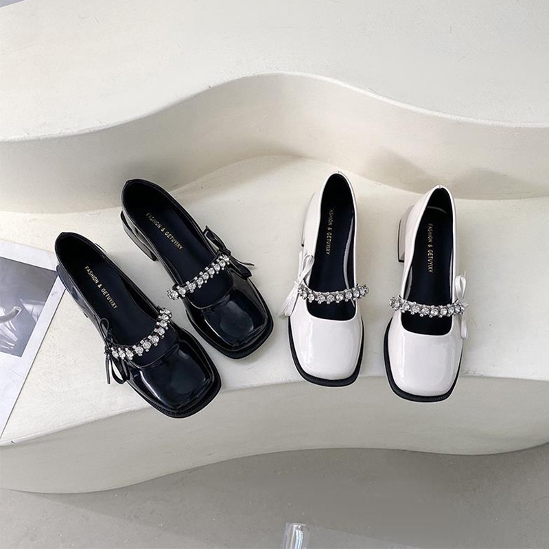 Giày cao gót IELGY mũi vuông bằng da đính nơ phong cách thời trang dành cho nữ