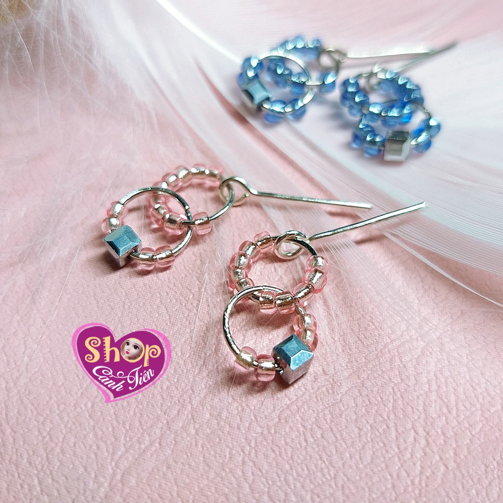 Bộ Vòng cổ, Bông Tai, Vòng tay Búp bê Pha lê vuông Bạc phối Cườm Độc đáo - Trang Sức Búp Bê Handmade cao cấp