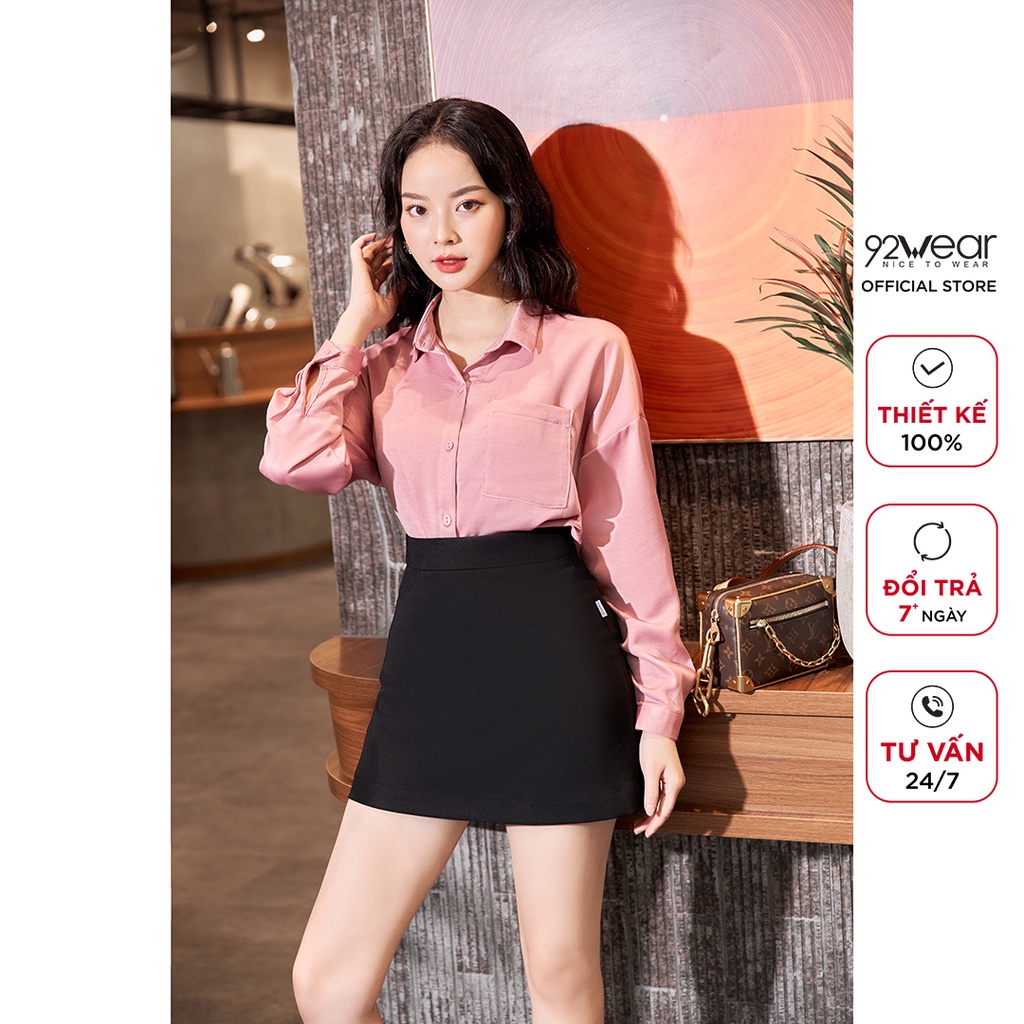 Áo sơ mi nữ lụa dài tay 92WEAR phong cách công sở hàn quốc có túi trước ngực ASW0829