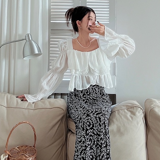 Set Áo Sơ Mi Trắng Tay Dài Phồng Cổ Tròn + Chân Váy Hoa Lưng Cao Xẻ Tà Phong Cách Hàn Quốc Thời Trang Mùa Thu Mới Cho Nữ