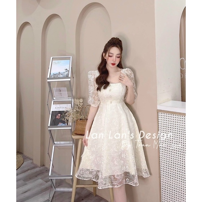 ĐẦM MIDI REN NÚT TAY LỠ