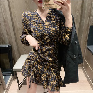 (ORDER) Váy hoa xòe đuôi cá dây rút cổ V dài tay Retro Style Korea sang chảnh Hot trend 2020