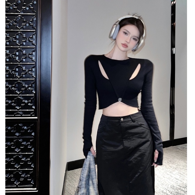 Áo croptop QKOOLE dệt kim tay dài phong cách Hàn Quốc thời trang cho nữ