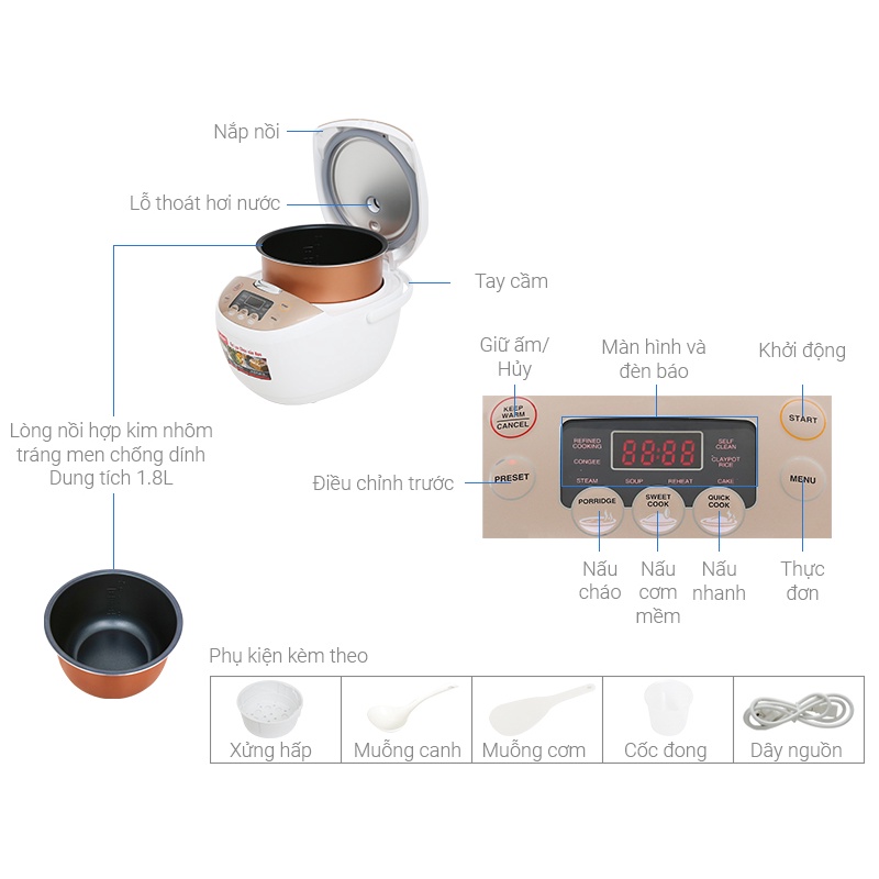 Nồi cơm điện tử Sharp KS-COM180EV-GY, KS-COM181CV-GL, KS-COM185EV-SL KS-COM186EV-GL (1.8 lít, chính hãng, nấu cơm ngon)