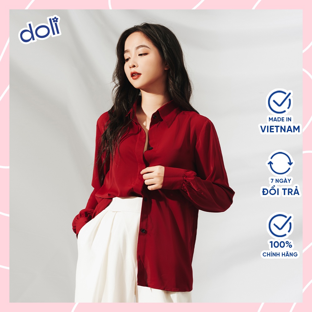 Áo sơ mi nữ công sở cơ bản đỏ đun cổ đức giấu cúc Jill Doli