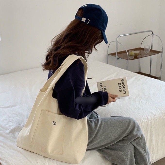 Túi tote vải canvas có túi phụ bên ngoài dành cho nữ phong cách ulzzang nhiều mẫu