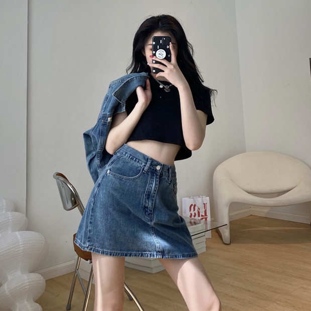 Set áo khoác denim + chân váy lưng cao Xiaozhainv phong cách retro (Có bán lẻ) | BigBuy360 - bigbuy360.vn