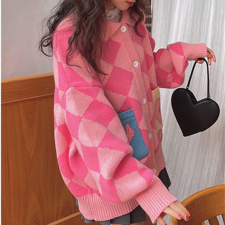 Áo khoác cardigan len dáng rộng kẻ sọc đính đá dễ thương cho nữ
