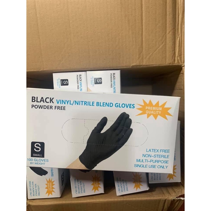 Hộp 100 Chiếc Găng Tay Cao Su Màu Đen Không Bột Vinyl/Nitrile Blend Gloves Phun Xăm Thẩm Mỹ - Black Vinyl/Nitrile