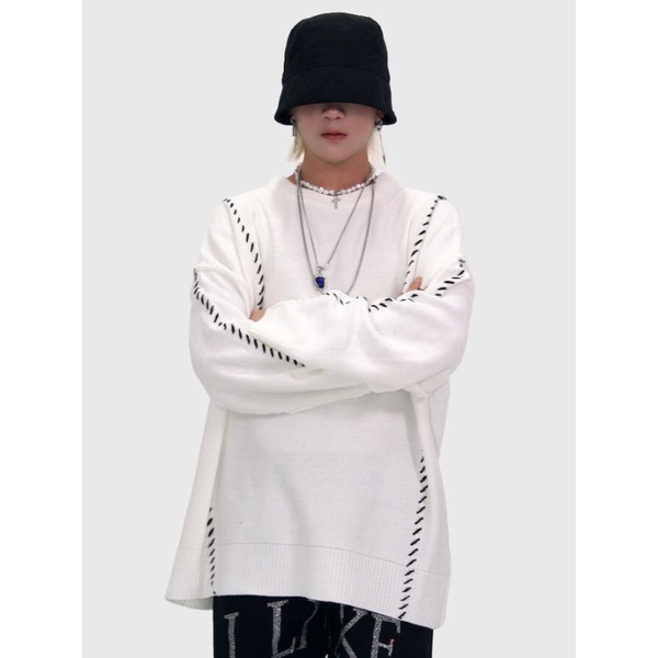 Áo len unisex nam nữ màu trắng phối đường kẻ đen