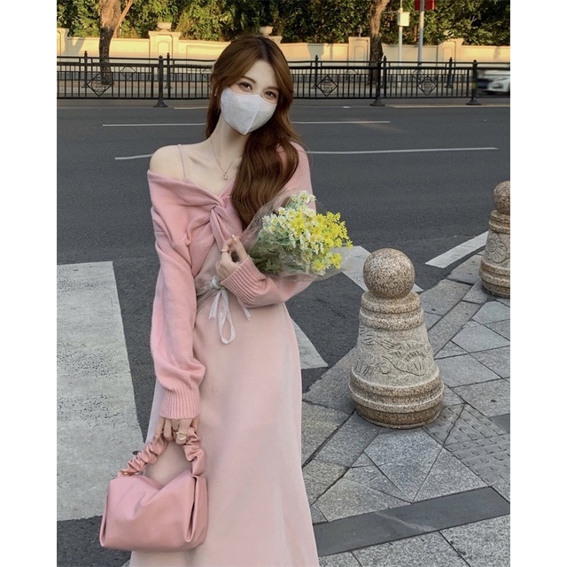 Aome - Set váy hai dây dài cùng áo len lửng 2 màu