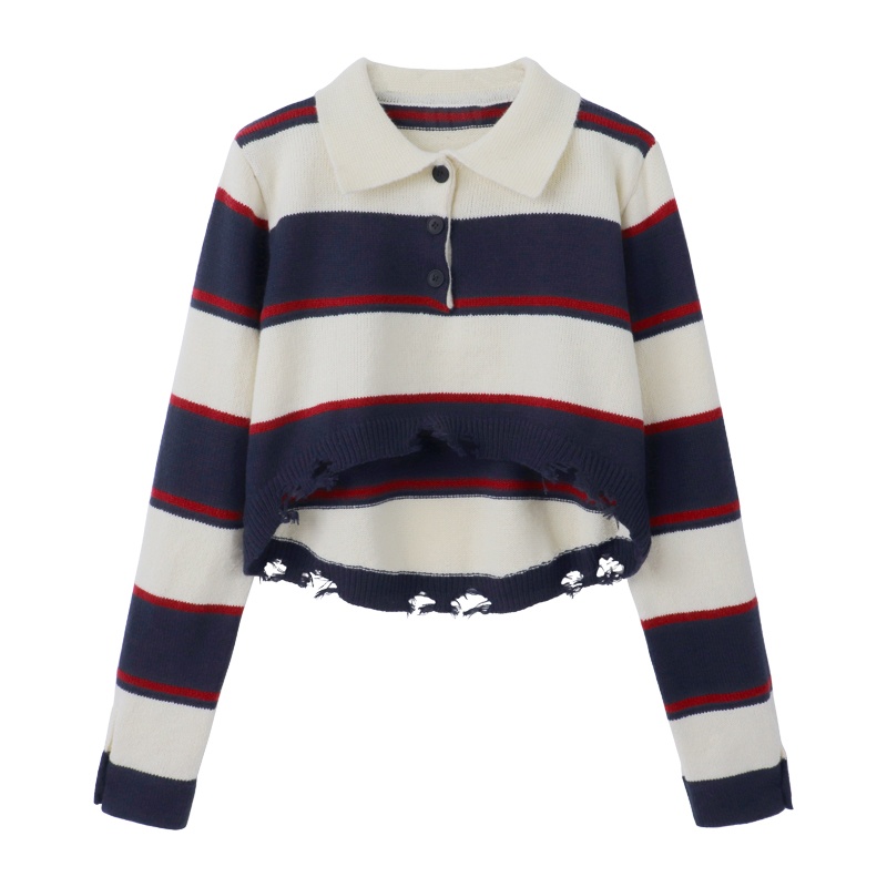 NUZIRO  Áo Len Cổ POLO Phối Tua Rua Họa Tiết Kẻ Sọc Màu Tương Phản Thời Trang Thu Đông Cho Nữ