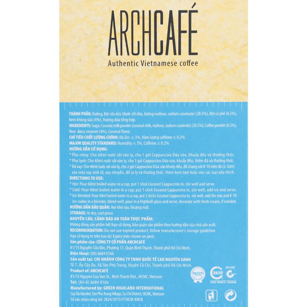 Cà Phê Hòa Tan Cappuccino Dừa Archcafe Hộp 240 G (12 Gói X 20G) 12hộp/thùng