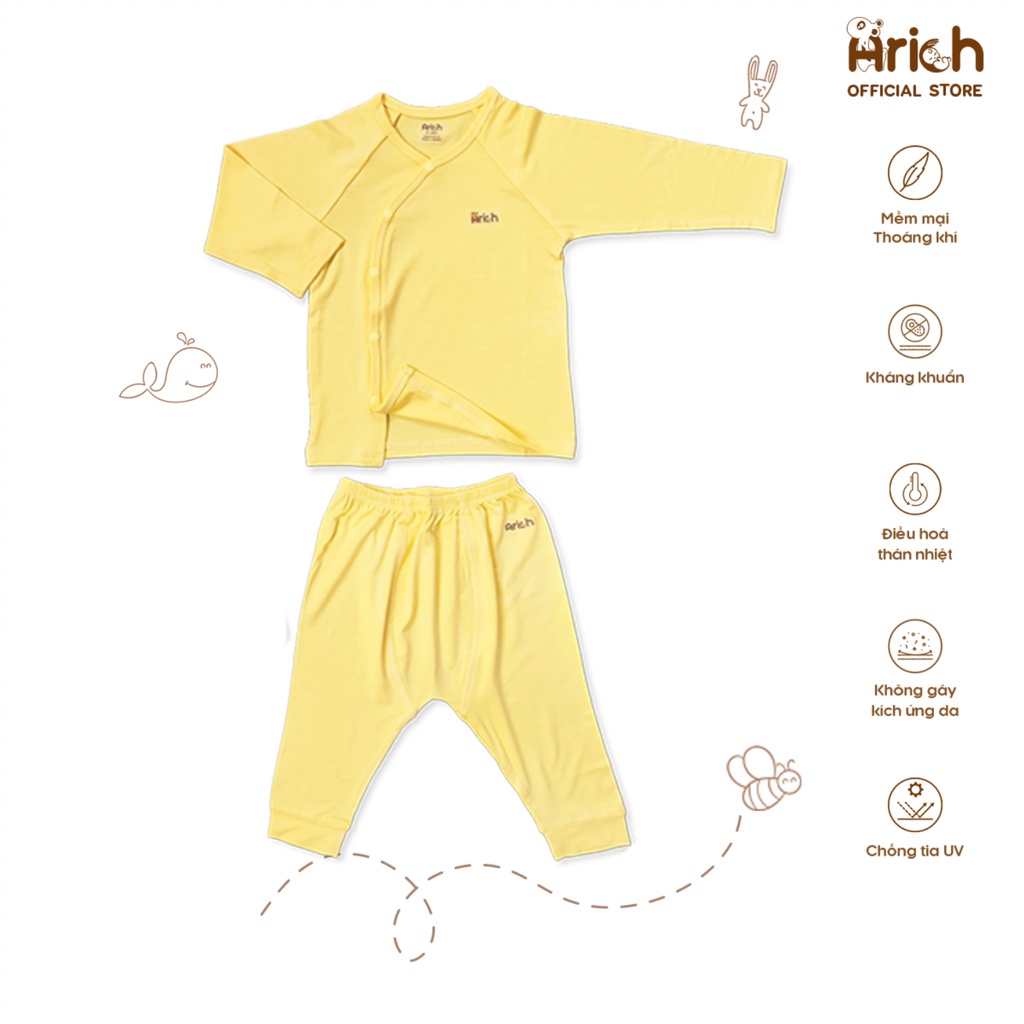 Bộ quần áo cài lệch Arich vải sợi tre màu trơn (size 0-3 tháng đến 12-18 tháng)