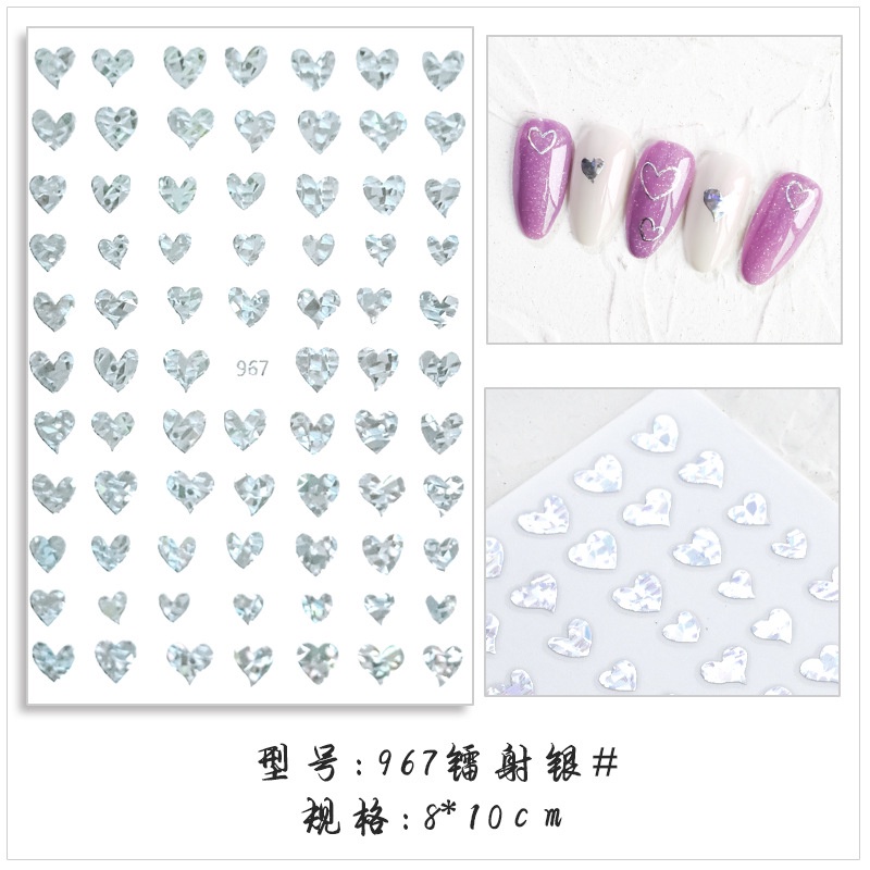 Sticker Dán Móng Tay Hình Trái Tim 3D Màu Đỏ Vàng Và Bạc Hiệu net red