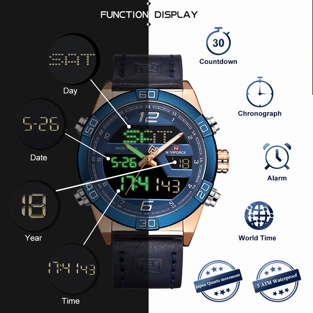 Đồng Hồ Nam NAVIFORCE Dây Da Chống Thấm Nước Phong Cách Quân Đội
