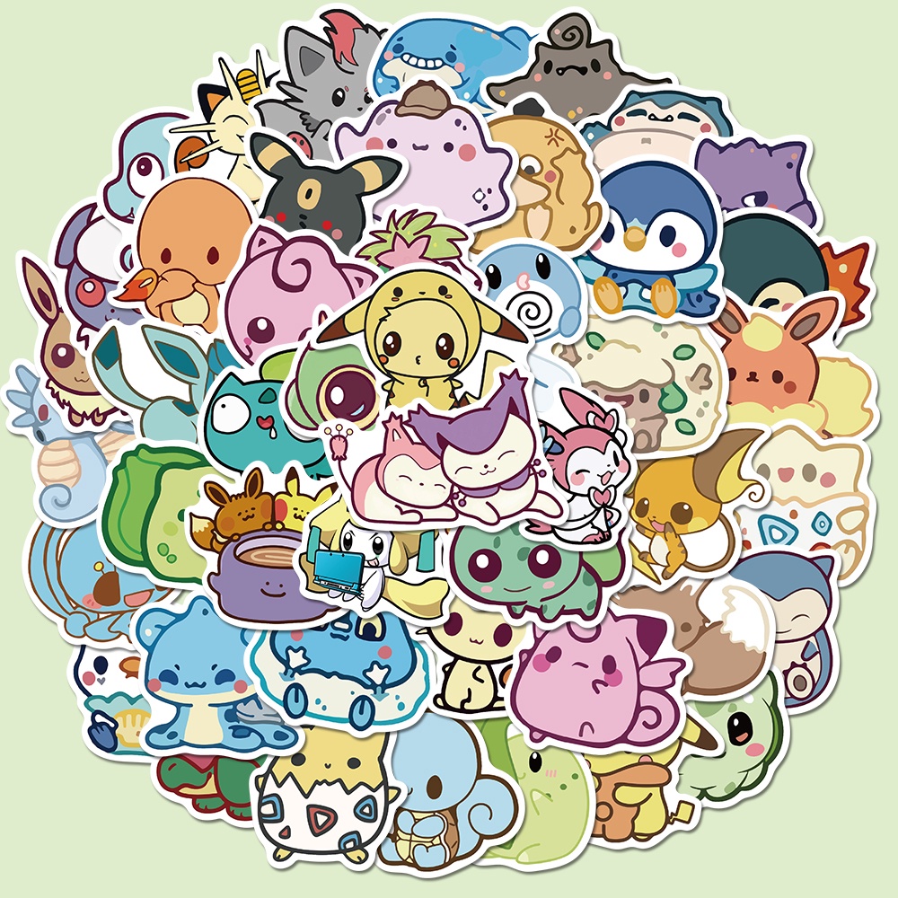 50 miếng dán phong cách Pokémon phiên bản Q dễ thương chống nước trang trí sổ tay/laptop