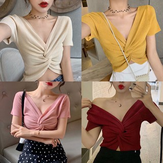 Áo Croptop dệt kim tay ngắn cổ chữ V quyến rũ cho nữ