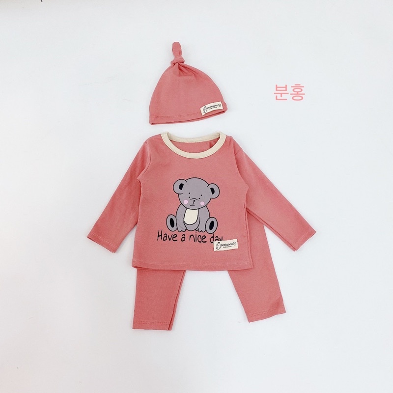 Bộ gấu kèm mũ chất cotton Hàn cao cấp co giãn 4 chiều