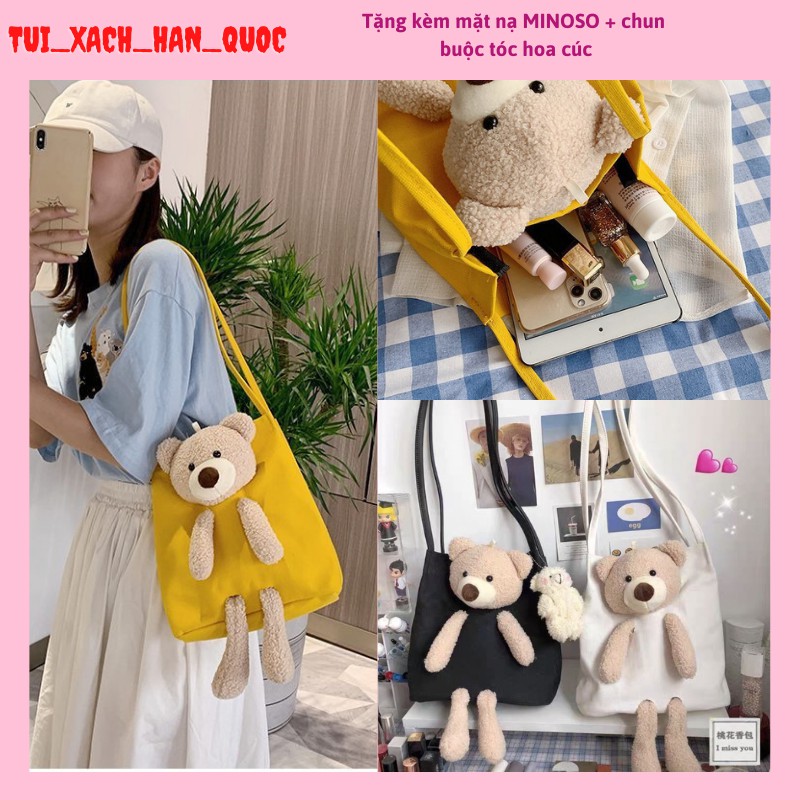 Túi Tote Vải Canvas ❤️XẢ KHO❤️Túi Nữ Đẹp Đi Học, Đi Chơi, Đeo Vai Kèm Gấu Bông Siêu Xinh Phong Cách Hàn Quốc HQ 191