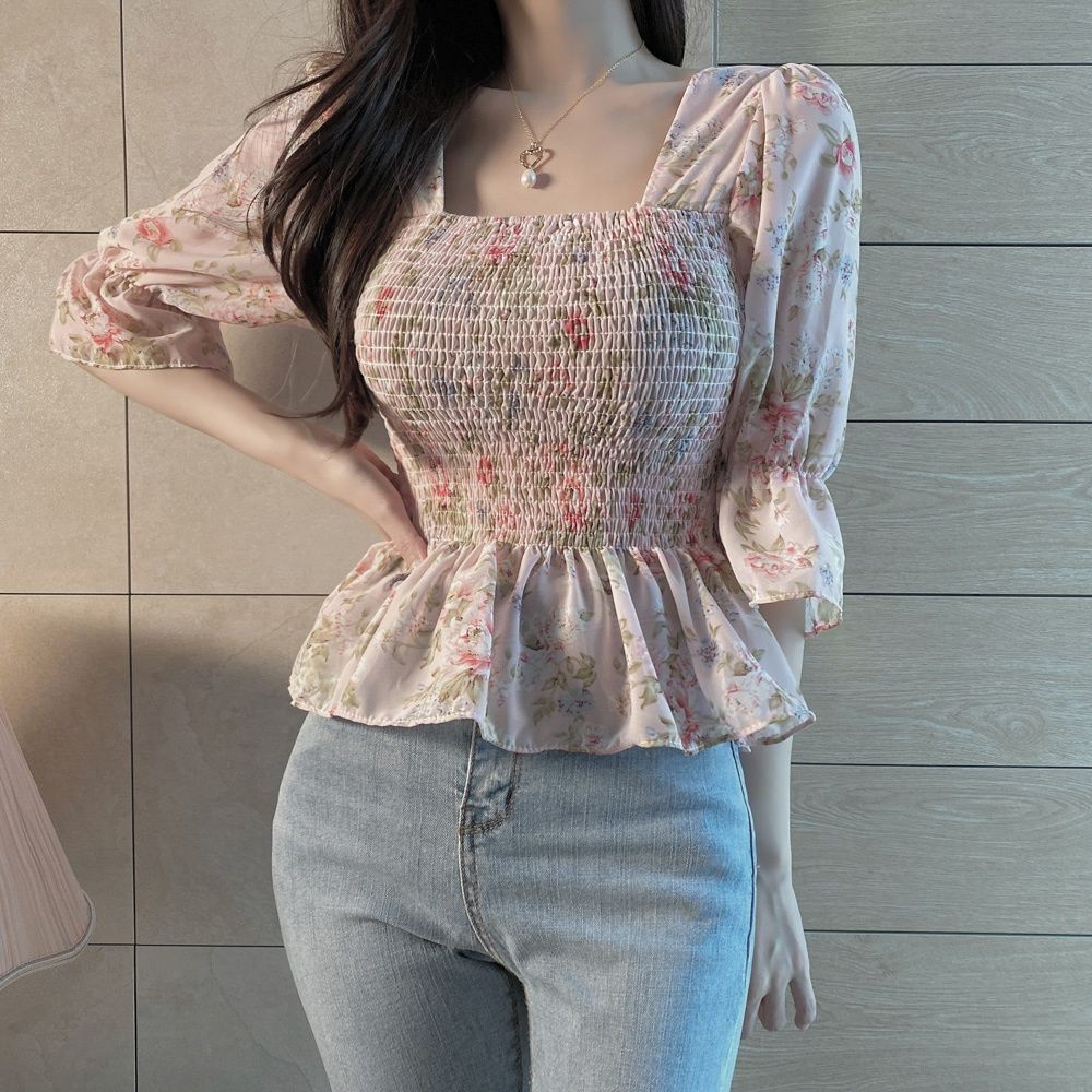 Áo voan hoa tay lỡ chun ngực, áo taobao siêu đẹp