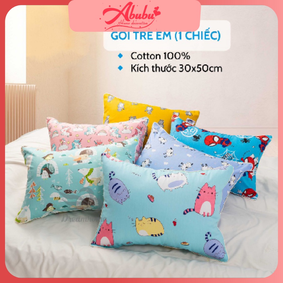 Gối trẻ em cotton 100% Size 30x50 cm, vỏ gối có khóa kéo ruột bông gòn trắng Abubuhome
