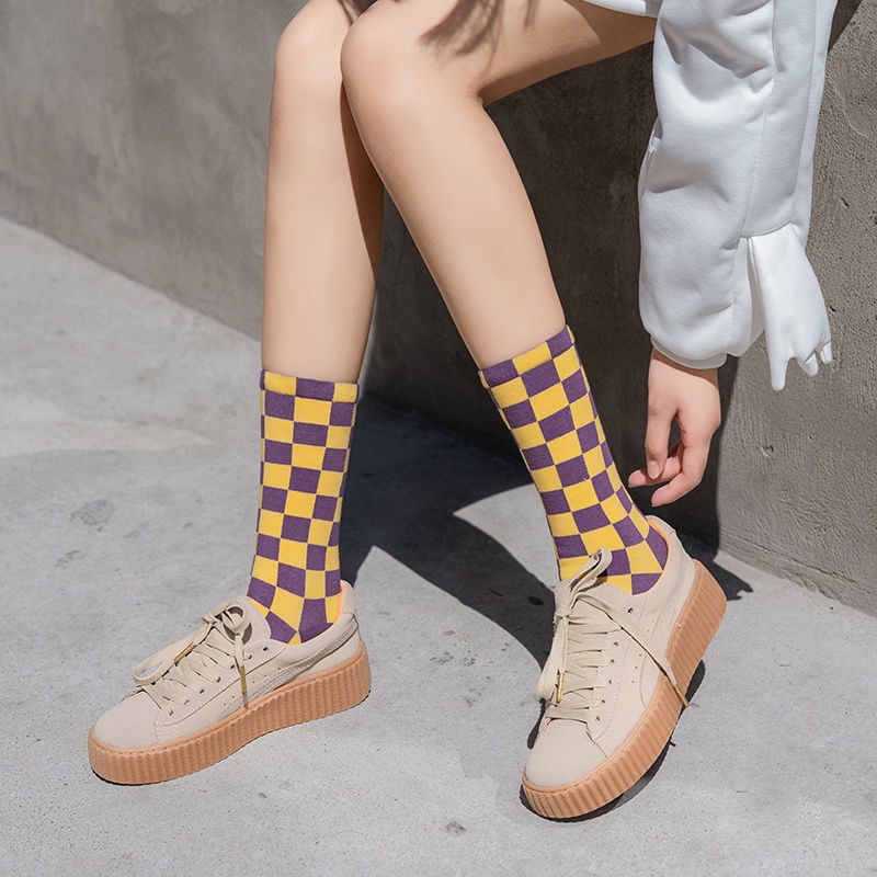Vớ cao trung bình chất liệu cotton thoáng khí họa tiết sọc caro phong cách Harajuku thời trang thường ngày cho nữ