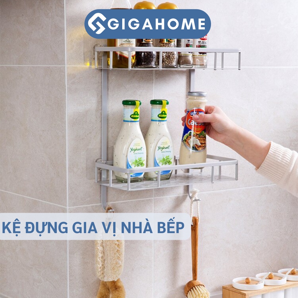 Kệ Nhà Tắm Kim Loại Hình Chữ Nhật 2 Tầng GIGAHOME Kèm 2 Móc Treo, Khoan Tường Chắc Chắn 8788