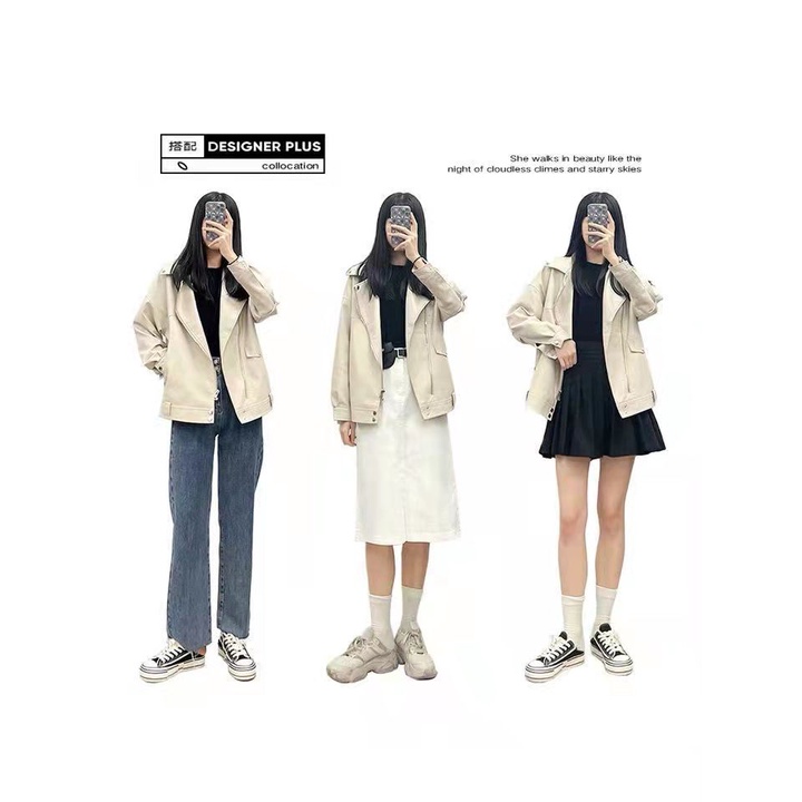 Áo khoác da PU dáng rộng phong cách đường phố Hồng Kông thời trang thu đông cho nữ