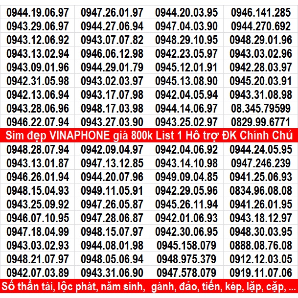 Sim Đẹp Năm Sinh VINA ĐỒNG GIÁ 800k File 1 HỖ TRỢ ĐĂNG KÝ CHÍNH CHỦ MIỄN PHÍ NHIỀU GÓI KM CỦA MẠNG VINA