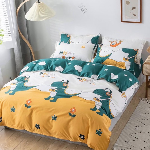 Bộ chăn ga cotton poly Emmidecor - mẫu khủng long nghe nhạc