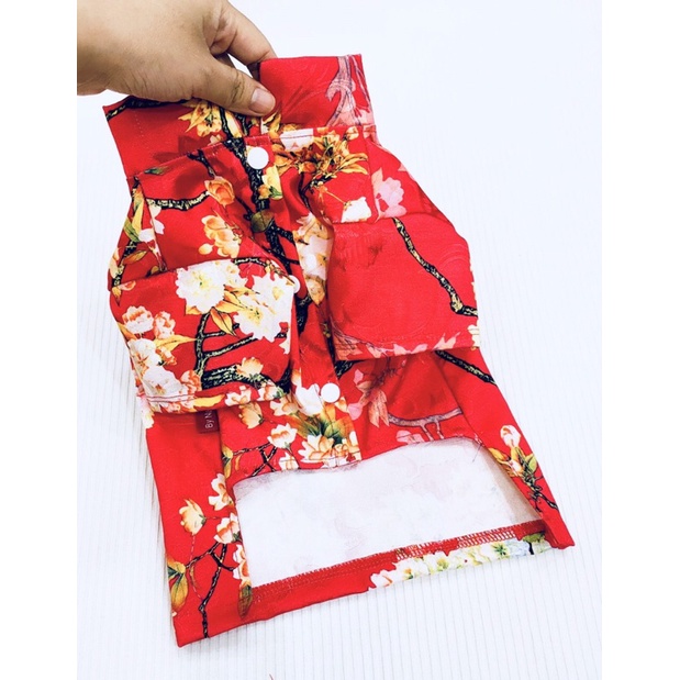 ÁO GẤM ĐỎ hoạ tiết HOA ĐÀO mặc tết dành cho thú cưng, Đồ mặc tết dành cho chó mèo LaLi Petfashion