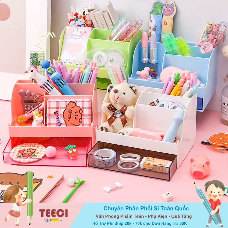 &lt;Tặng Sticker&gt; Khay Kệ Nhựa Đựng Bút Cọ Trang Điểm Đồ Để Bàn Đa Năng Tiện Dụng Tai Thỏ Có Ngăn Kéo CL022