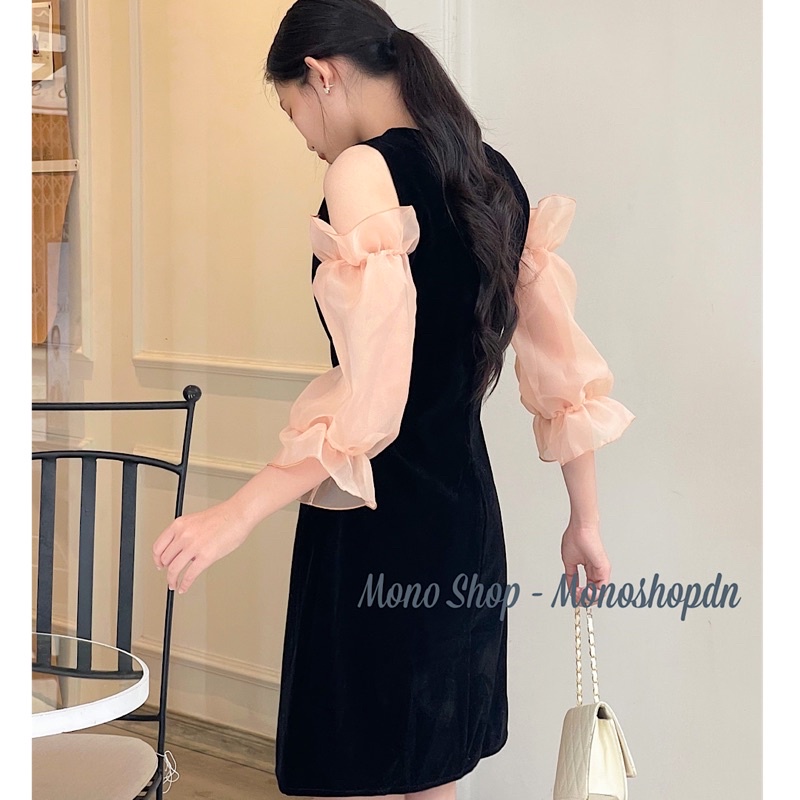 Đầm nhung đen nữ hở vai tay voan hồng dáng xoè nhẹ Ảnh thật/ sẵn | BigBuy360 - bigbuy360.vn