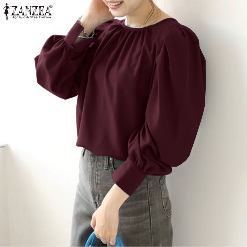 Áo kiểu Zanzea tay dài phồng cổ tròn cài nút màu trơn hợp thời trang cho nữ