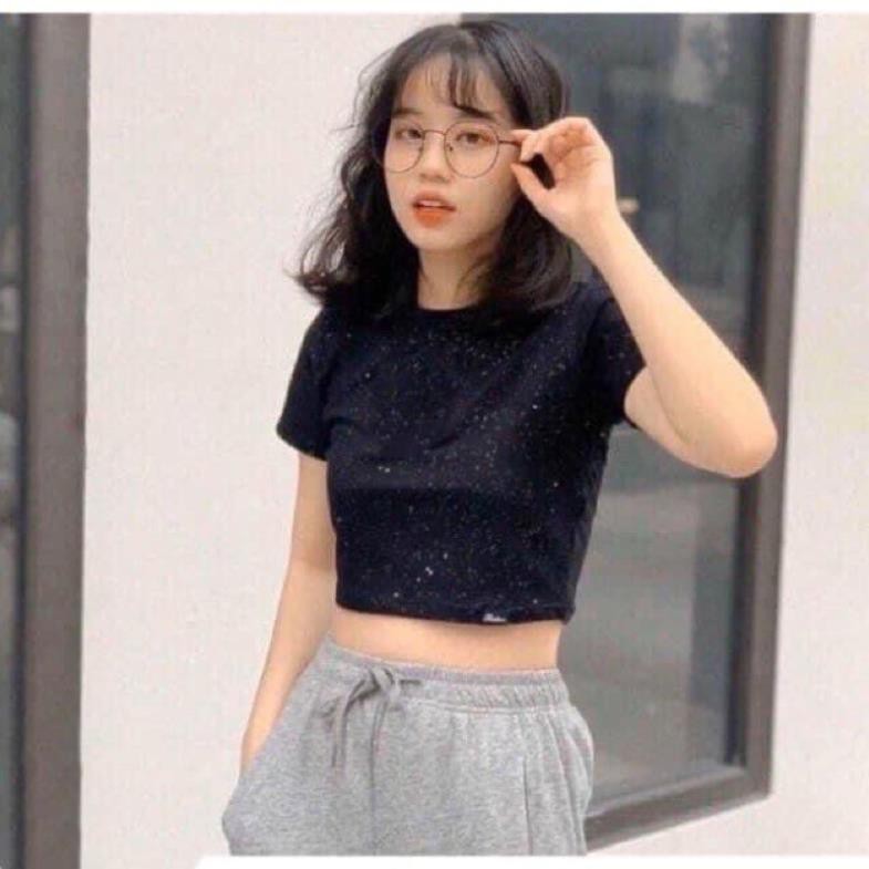 [Sale sốc] Áo Thun Croptop Nhũ Đen Unisex Nữ Uzzlang (ảnh thật)
