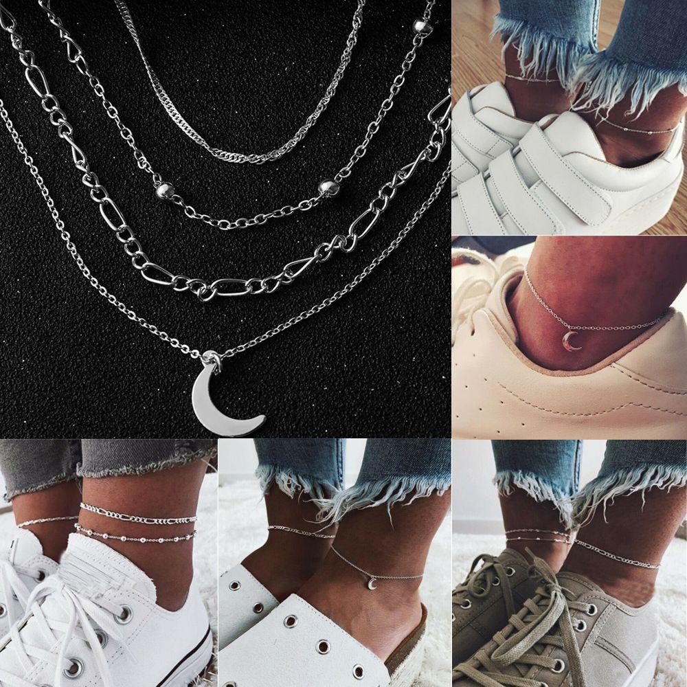 Bộ 4 Lắc Chân Họa Tiết Mặt Trăng Phong Cách Boho Thời Trang Đi Biển Mùa Hè|Lắc Chân Trần Màu Sắc Thời Trang