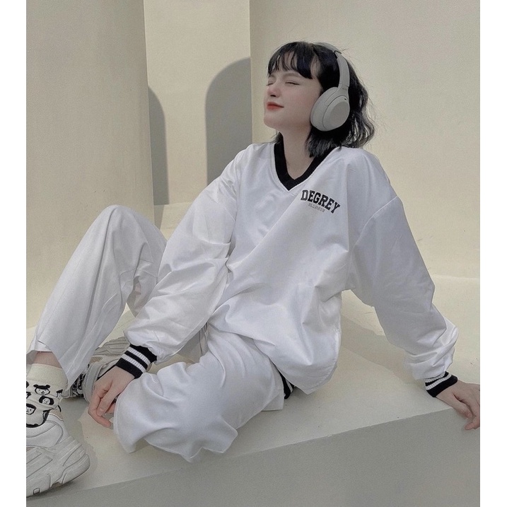 [ ẢNH THẬT ] ÁO SWEATER NỈ CỔ V DEGREY TRẮNG FORM RỘNG
