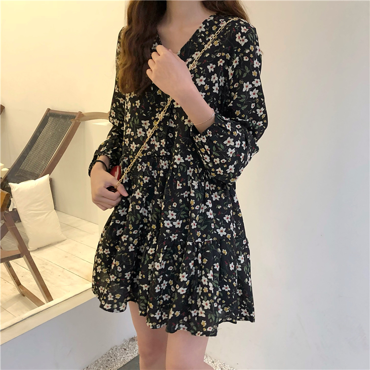 Đầm nữ đẹp dáng dài ngắn tay dài 2021, Váy nữ bánh bèo tiểu thư màu đen hoa nhí vổ V thắtro Thời Trang Hàn Quốc