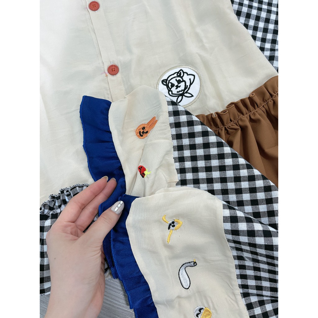 Set Bộ Đũi Bèo Phối Nâu Cổ Sen Mix Quần Kẻ Caro Bèo
