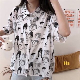 Áo sơ mi thụng tay lỡ họa tiết hoạt hình cô gái tóc đen