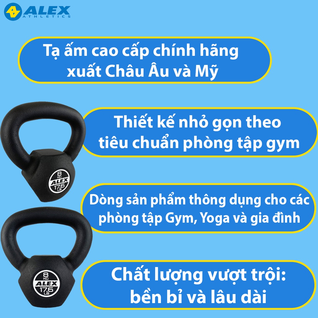 Tạ Ấm Kettlebell 8Kg ALEX Cao Cấp, Gang Nguyên Khối Sơn Tĩnh Điện, Tạ Bình Vôi Tập Gym Squat